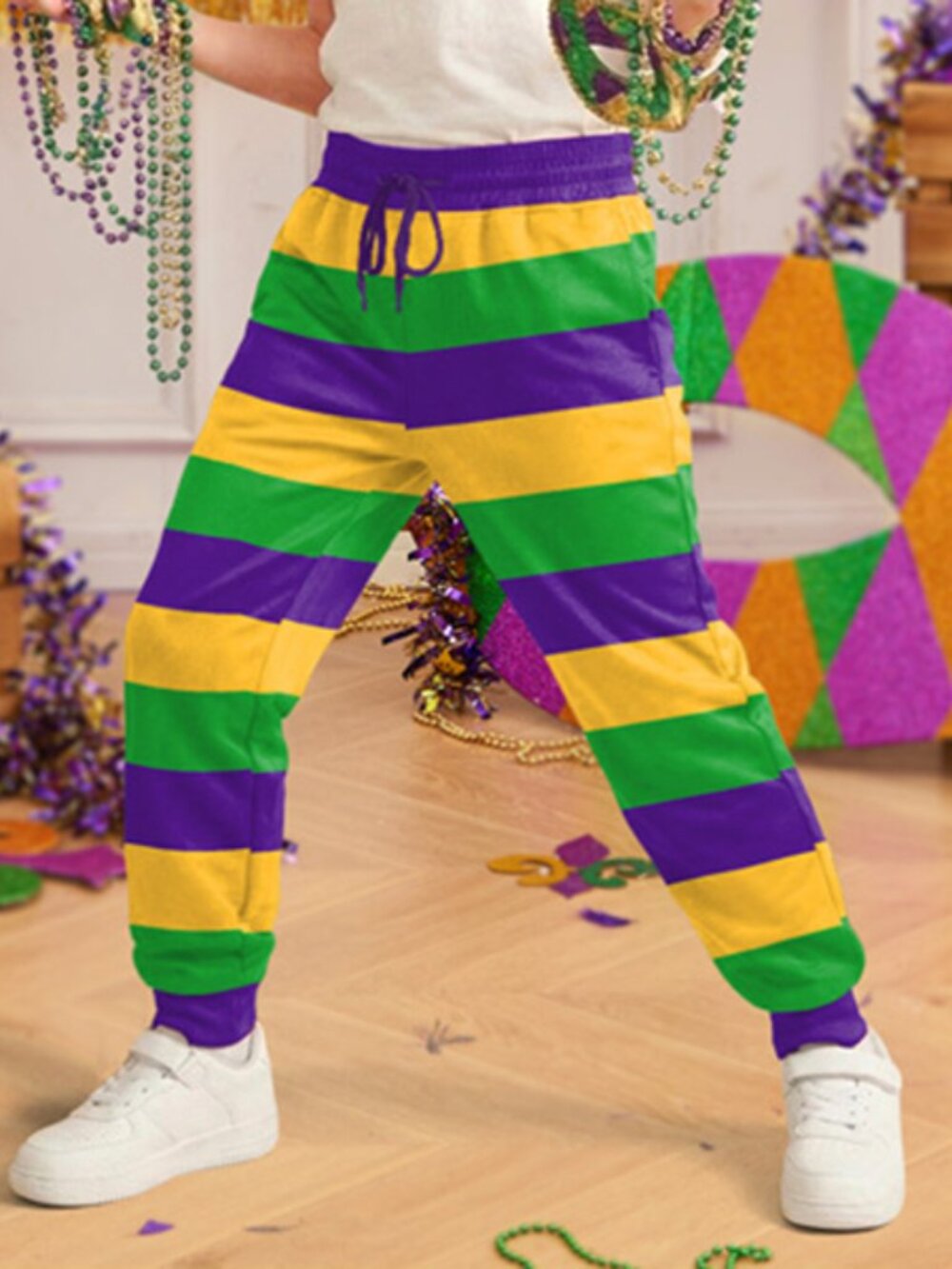 New Orleans Mardi Gras Boys Purple Yellow Green Stripes Drawstring Pants 2XL Kid